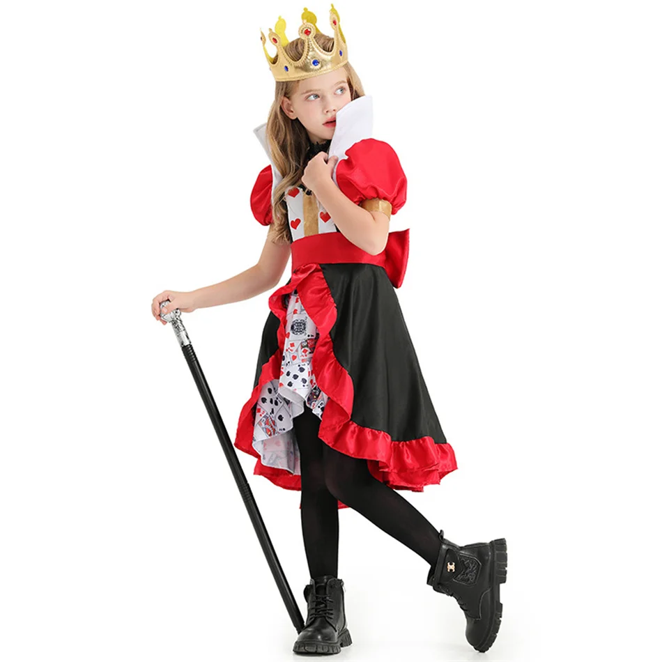 Girls Poker Queen Cosplay Halloween Carnival Party Fantasy Dress Kids Alice Queen of Hearts Stage Performance Children Costume