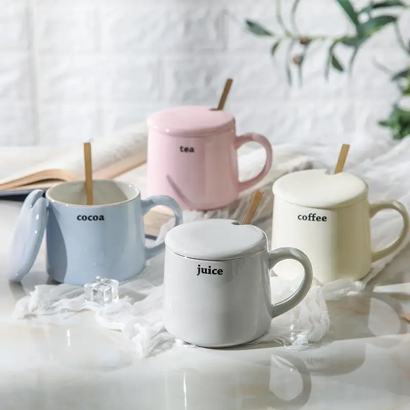 シンプルな朝食用セラミックコーヒーカップ-北欧スタイル-オフィス用ウォーターマグ-女性用ティーカップ-スプーン付き-男性用マグカップ-ユニセックス