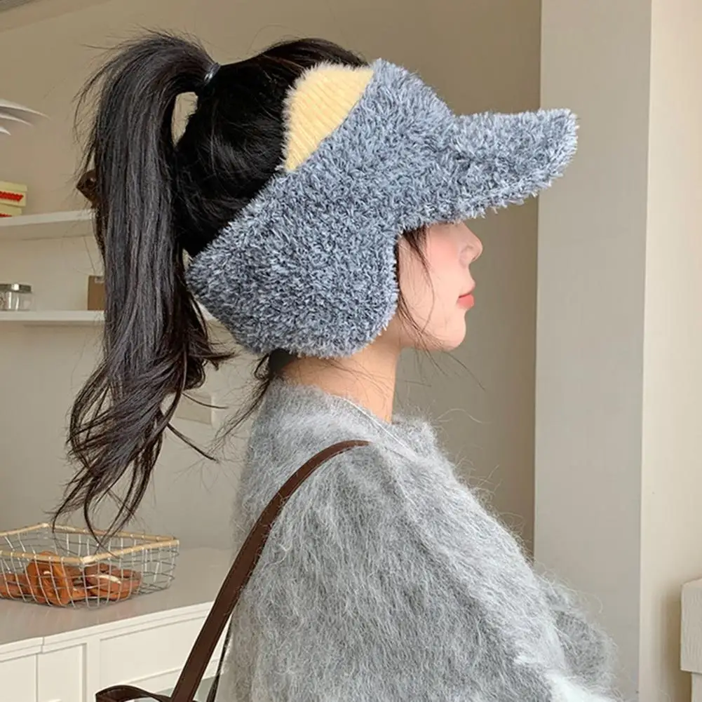 Open Top Peaked Cap Winter Visor Cap with Ear Flaps Plush Hat with Brim Open Top Ponytail Winter Hat Cute Cat Ear Warm for Women