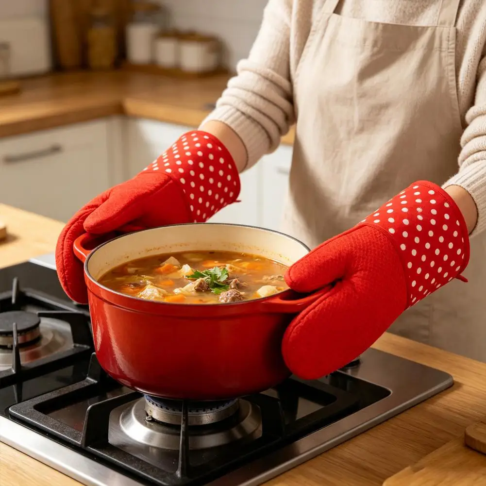 

Heat Protection Gloves 2pcs Non-slip Silicone Oven Gloves Heat Resistant Microwave Mitts Heavy Duty Cotton Lined Baking Grilling