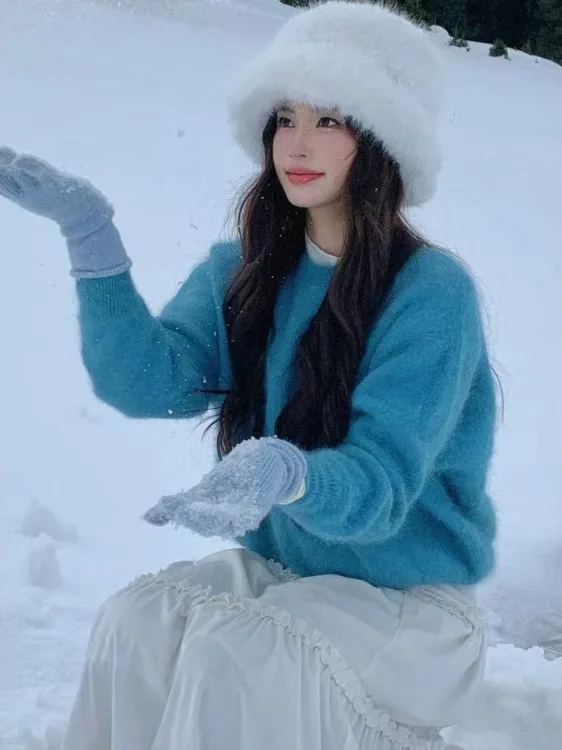 

Осенне-зимний утепленный женский трикотажный джемпер с длинным рукавом, теплый, с искусственным мехом, свободного кроя, с круглым вырезом, в корейском стиле, повседневный, модный