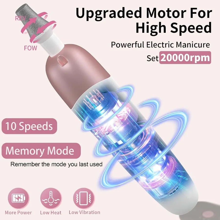 전문 매니큐어 및 페디큐어용 무선 전기 네일 파일 세트: 10가지 속도 설정 및 휴대용 네일 드릴 머신