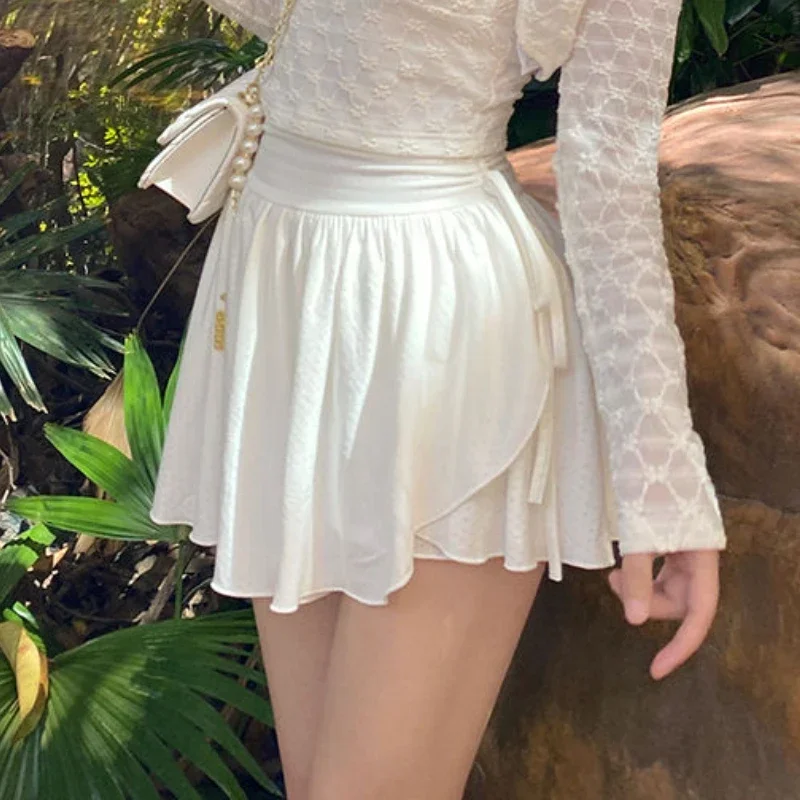 

Skirts Women Summer Korean Style Trendy Lace-up High Waist Shirring Solid All-match Simple Irregular Popular Sweet Students Chic