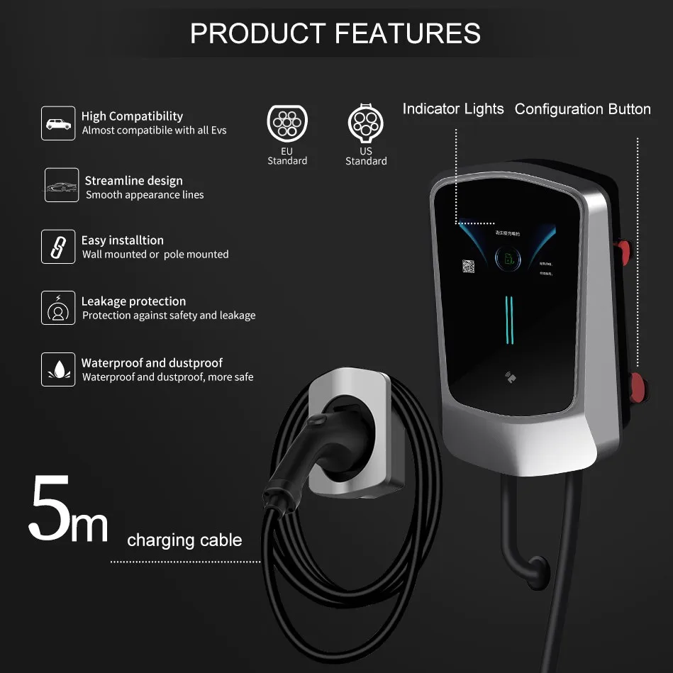 EV charging station for home use electric vehicles car charger, wall-mounted, GB/T 20234 22 kW, with RFID card,APP 5m cable