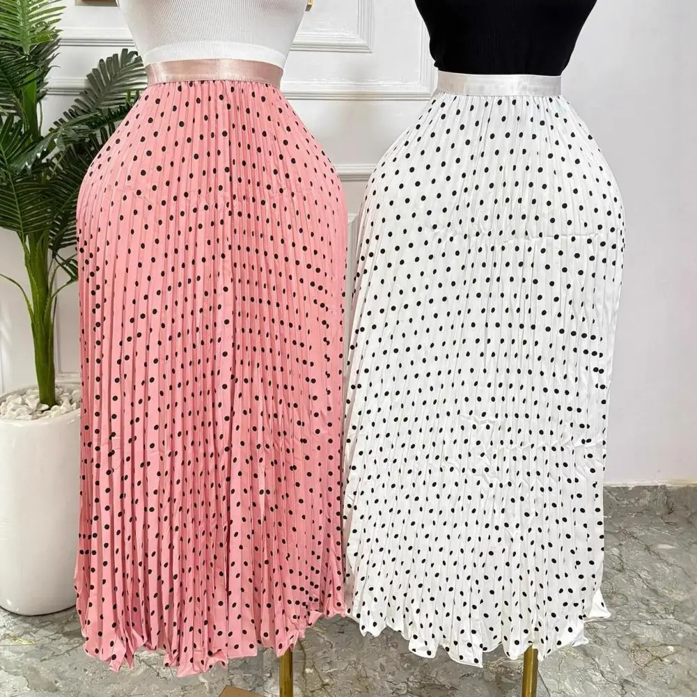 

Breathable Skirt Women’s High Waist A-line Maxi Skirt Pleated Dot Print Long Skirt Elastic Waist Large Hem for Work Leisure