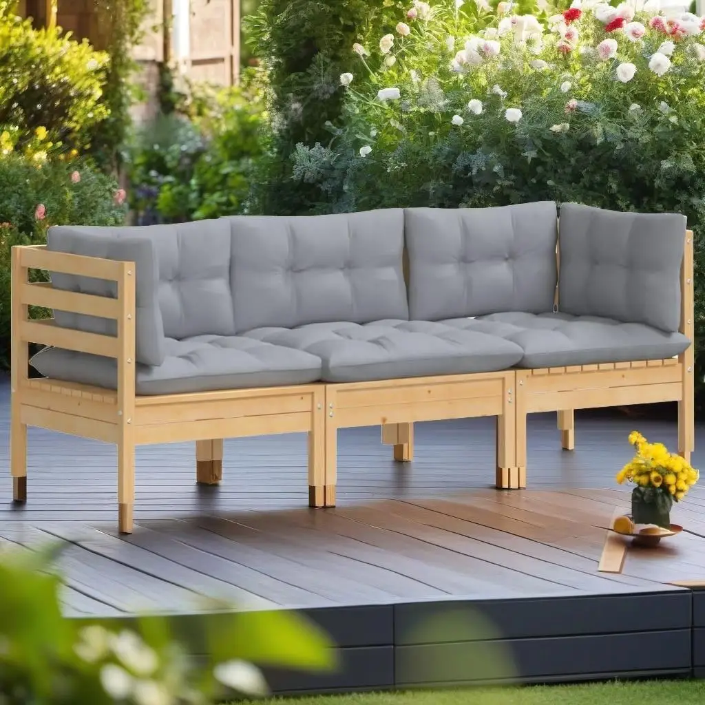 Solid Pinewood 3-Seater Patio Sofa with Stylish Gray Cushions - Outdoor Furniture