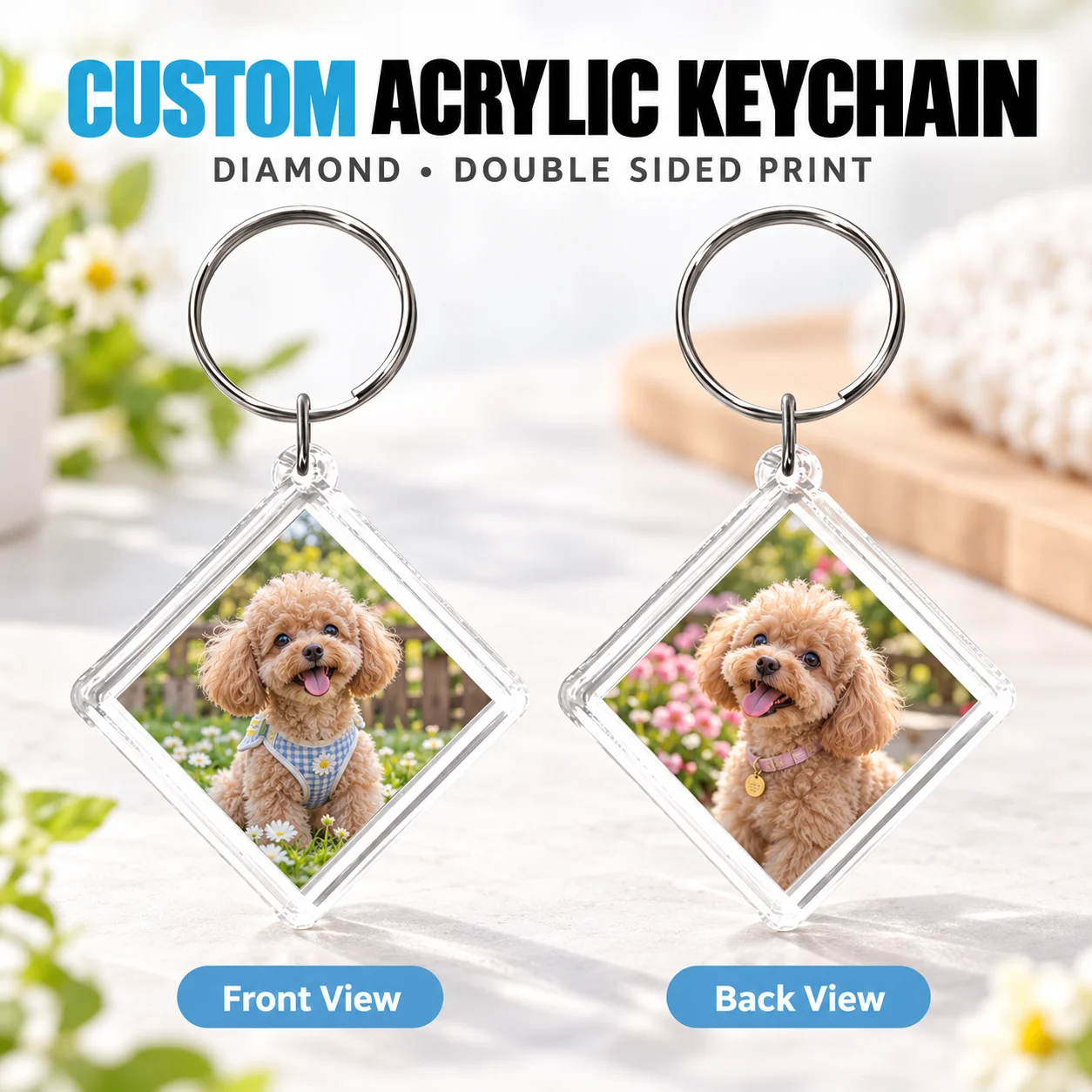 Custom Acrylic Keychain Double Sided Personalized Photo Keychain Diamond Shape Clear Case Metal Ring for Keys Bags Gifts 1pc DIY