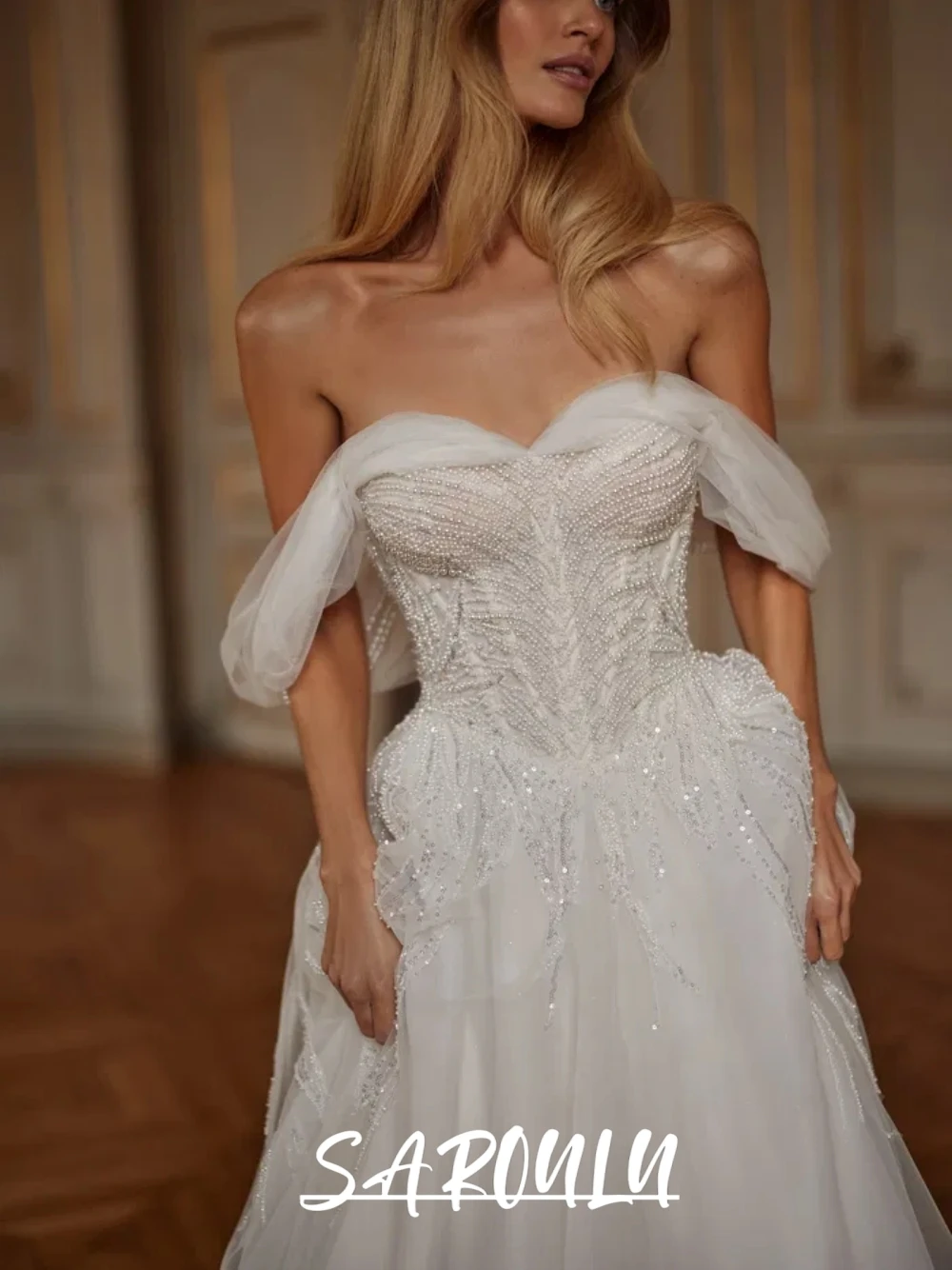 

SAROULU Pearls Elegant Sheer Wedding Dress Dazzling Plus Size Customized Off the Shoulder Princess Long Train Bridal Gown