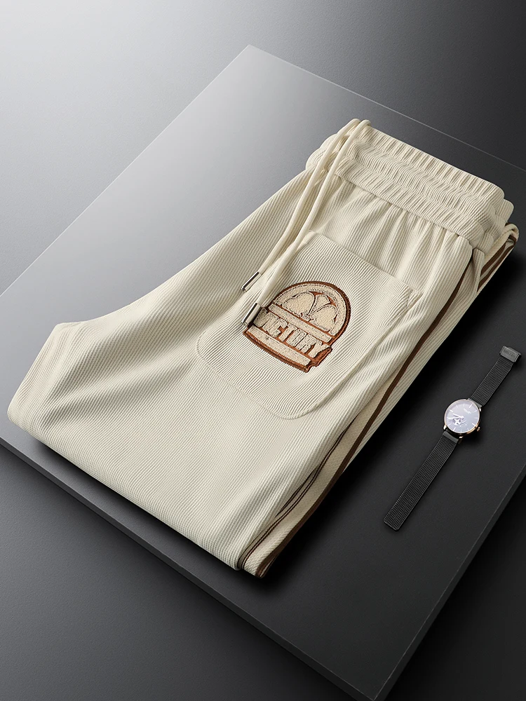 

Ele Khaki Side Stripe Casual Pants Men's Slim Fit Elastic Straight Leg Autumn Trending Embroidered Sport Trousers