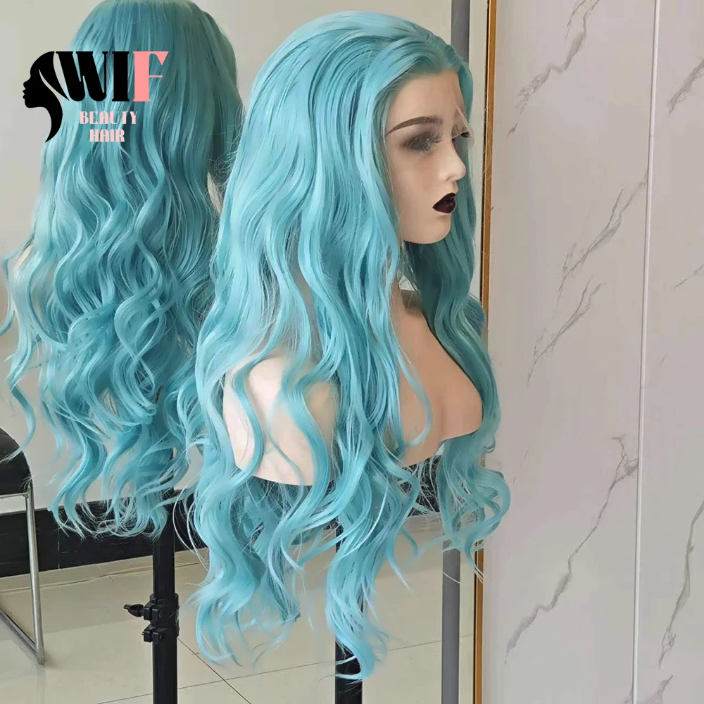 WIF Lake Blue Color Body Wave Synthetic Lace Wig Long Wavy Blue Hair Women Cosplay Use Heat Fiber Lace Front Wigs