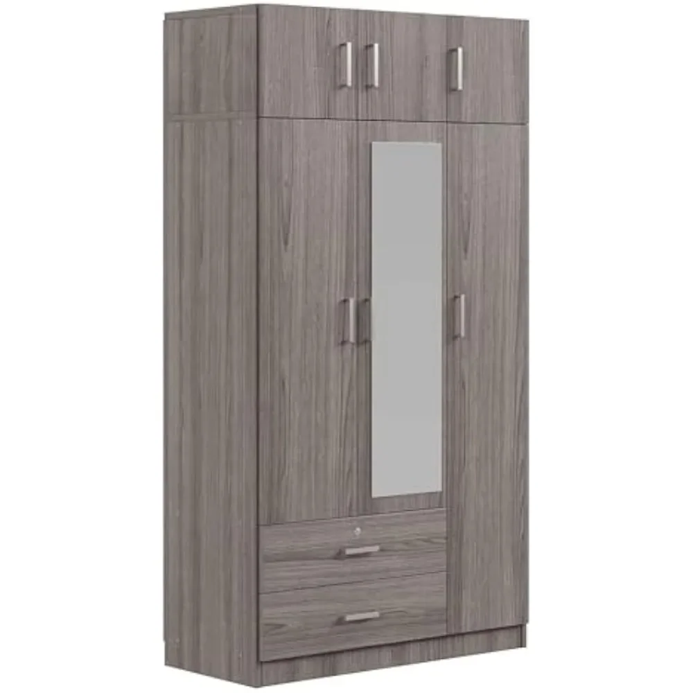 Wardrobe 3-Door Mirror with 2 Drawers and Top Cabinet Perfect for bedrooms, this wardrobe offers ample storage,Gray