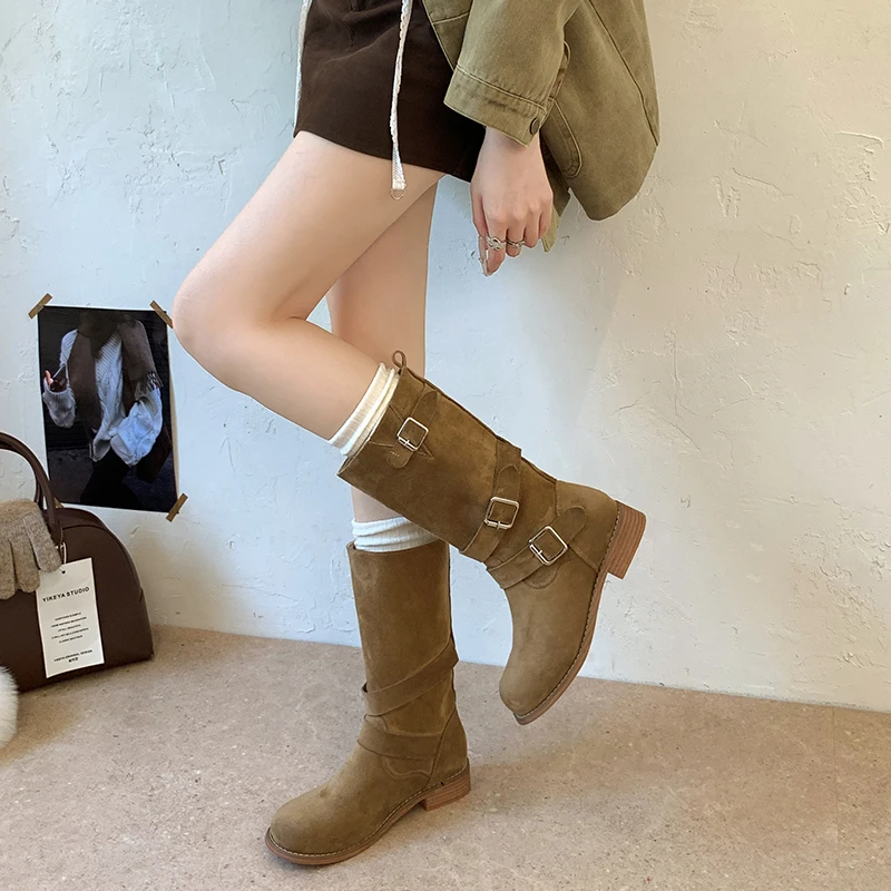 Niche Belt Buckle Knight Boots for Women 2026 Spring and Summer New Retro Versatile Folding Pleated Block Heel Shoes
