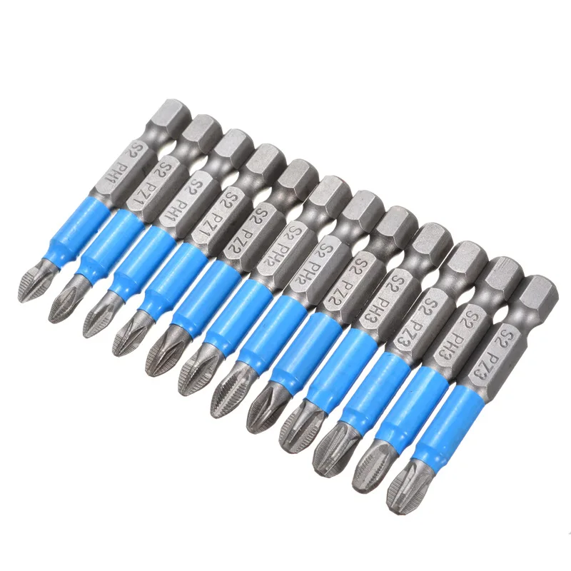 12PCs No-slip 50mm PH1/PH2/PH3 PZ1/PZ2/PZ3 Screwdriver Bit Sets for Drill Magnet S2 Alloy Steel Screwdriver Electric Impact