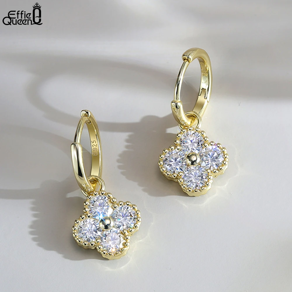 Effie Queen 925 Pure Silver Classic Four Leaf Clover Moissanite Pendant Earrings Laboratory Diamond Shiny Wedding Gift SMOE18