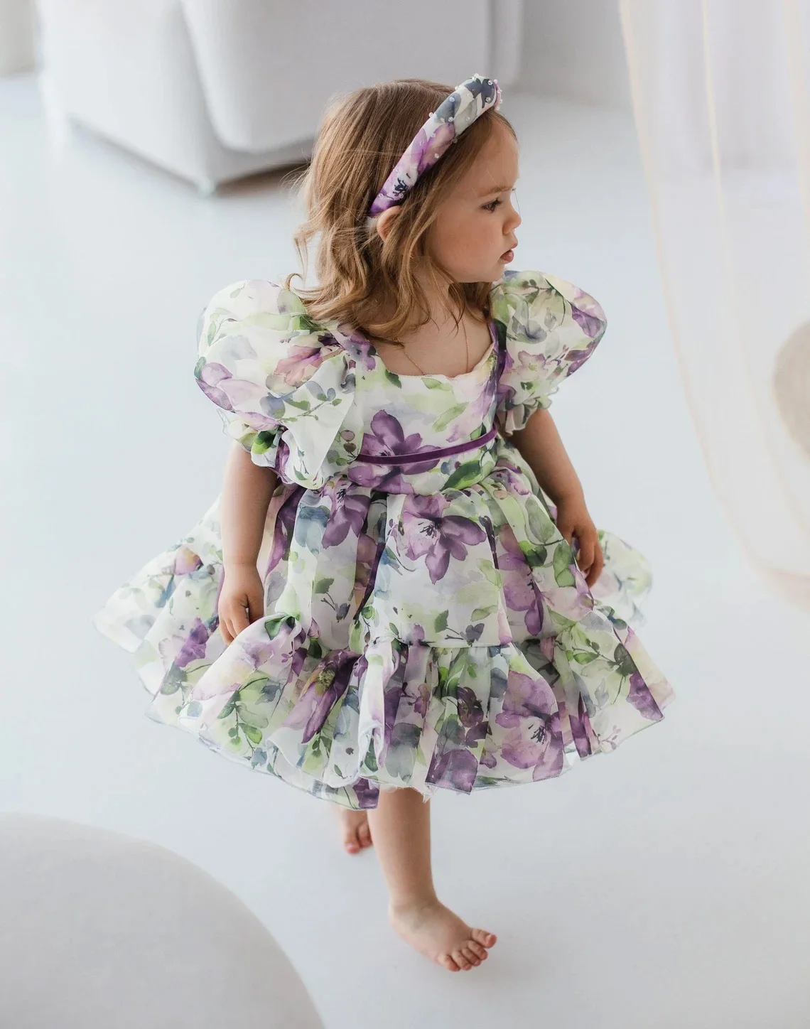 

Фиолетовое платье с цветочным принтом для маленьких девочек, подходящее для дня рождения, крещения и юбилея, элегантное платье в пасторальном стиле