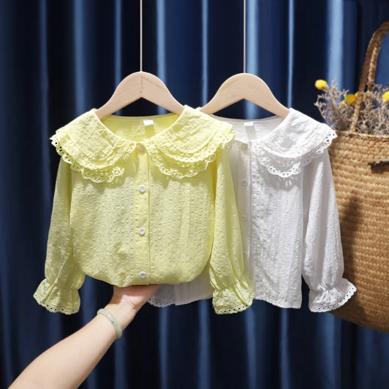 Children Girls T-shirts Fashion Style Lapel Blouse With Flared Sleeves Breathable Top