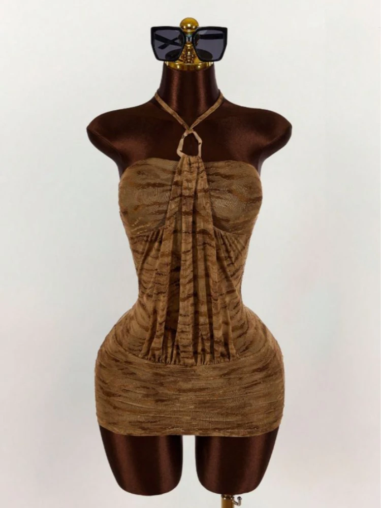 Bodycon mini-jurk met halterhals voor dames - Tijgerprint Ruches Mesh Stof Clubwear Zomerfeestjurk (bruin)