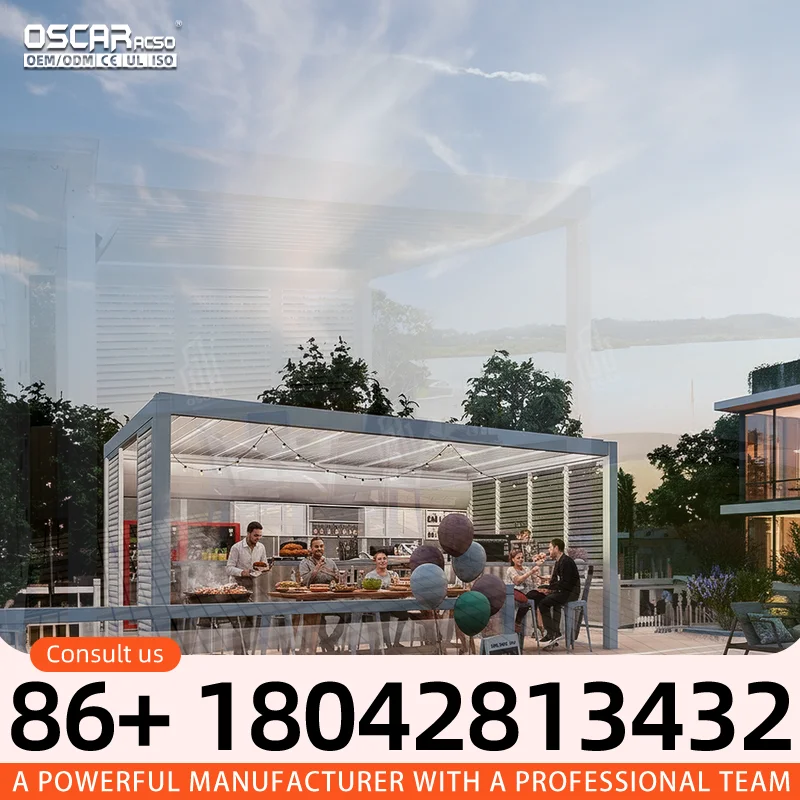 Louvered Roof Sun Shade Waterproof Aluminium Outdoor Structure with Sliding Glass Door for Gardens Patios Backyards pergola