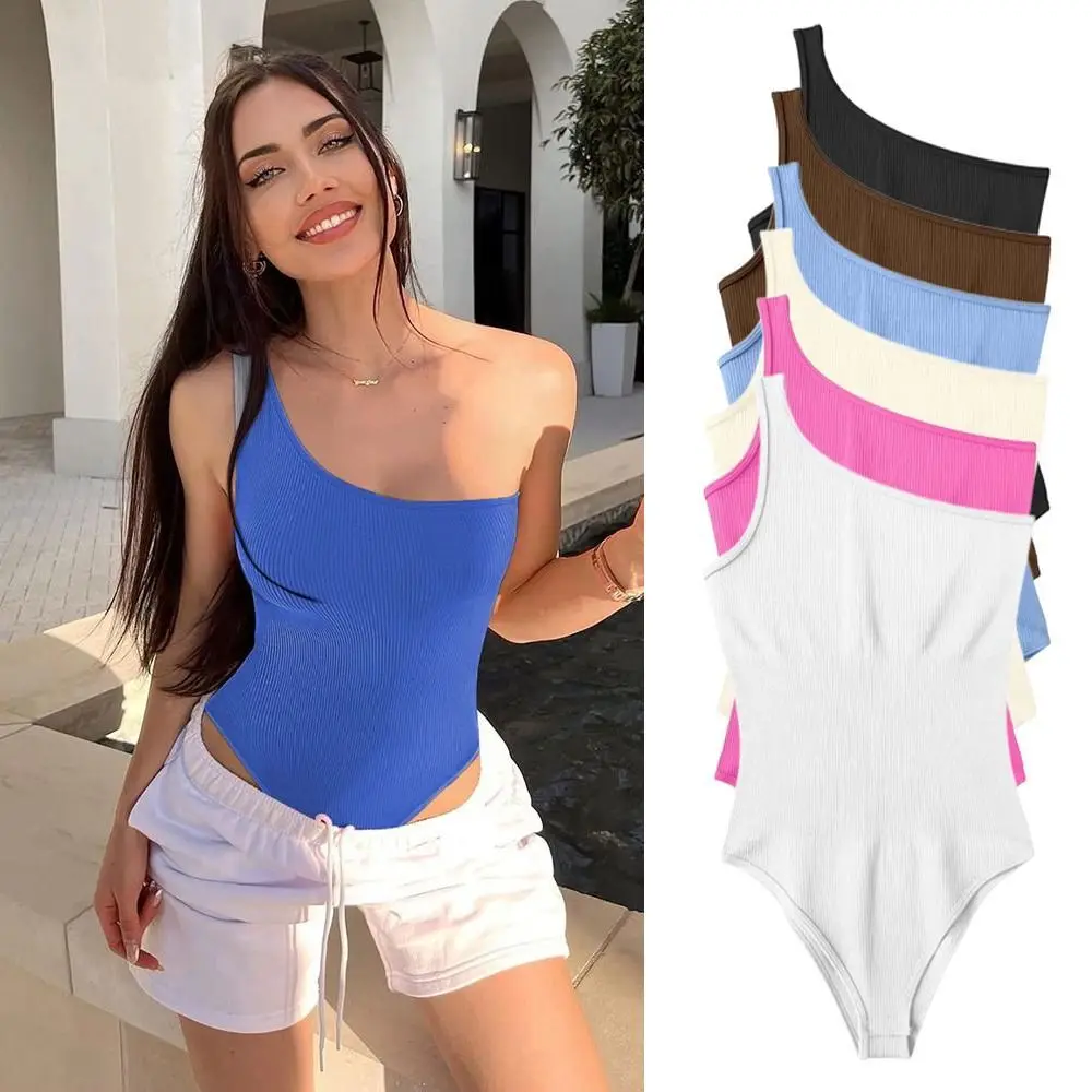 

Sleeveless Fitness Bodysuits Breathable One Shoulder Hip Lifting Women's Jumpsuits Ribbed High Stretch Slim Fit Shapewear Girls