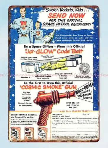 Ralston - Space Patrol Glow Belt & Smoke Gun 1952 old toy ads metal tin sign