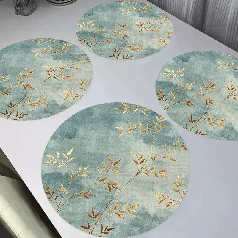 VIKAMA New Chinese Ink Gilded Jadeite Bamboo Round Linen Placemats, Heat Resistant Table Mat for Dining Table Decor