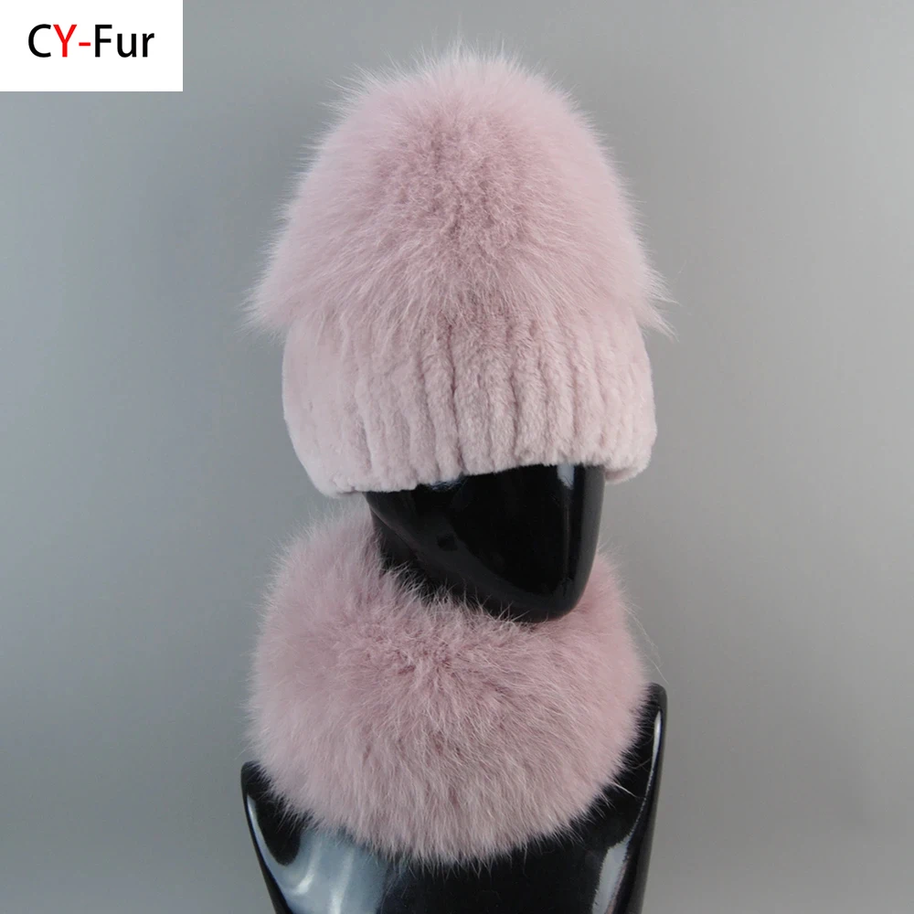 

Luxury Women Real Fox Fur Scarf Hat Set Beanies Knitted Skullies Warm Real Rex Rabbit Fur Cap Natural Fox Fur Cap Scarves Sets