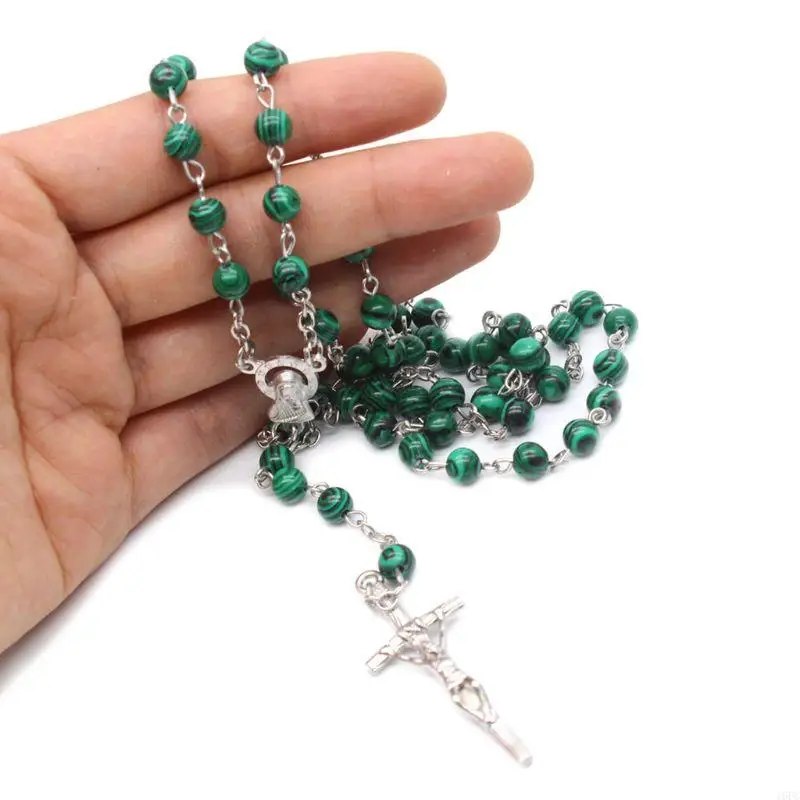 16FC Malachite for Cross Pendant Rosary Beads Chain Necklace Christian Religion Men Women Jewelry Charm Gift