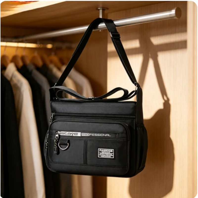 Men's Crossbody Bag Multi-layered Pockets Adjustable Shoulder Strap Business Single Shoulder Storage Handbag
