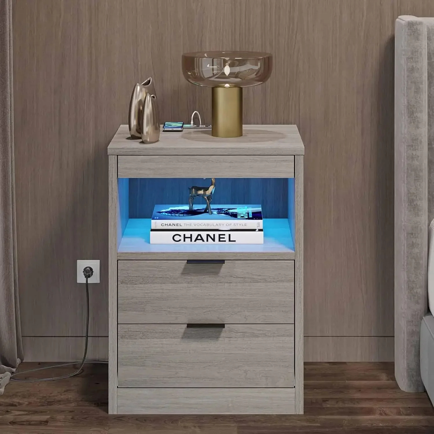 

-Nightstand With Wireless Charging Station And LED Lights, Grey Night Stand With 2 Drawers And Open Storage For Bedroom