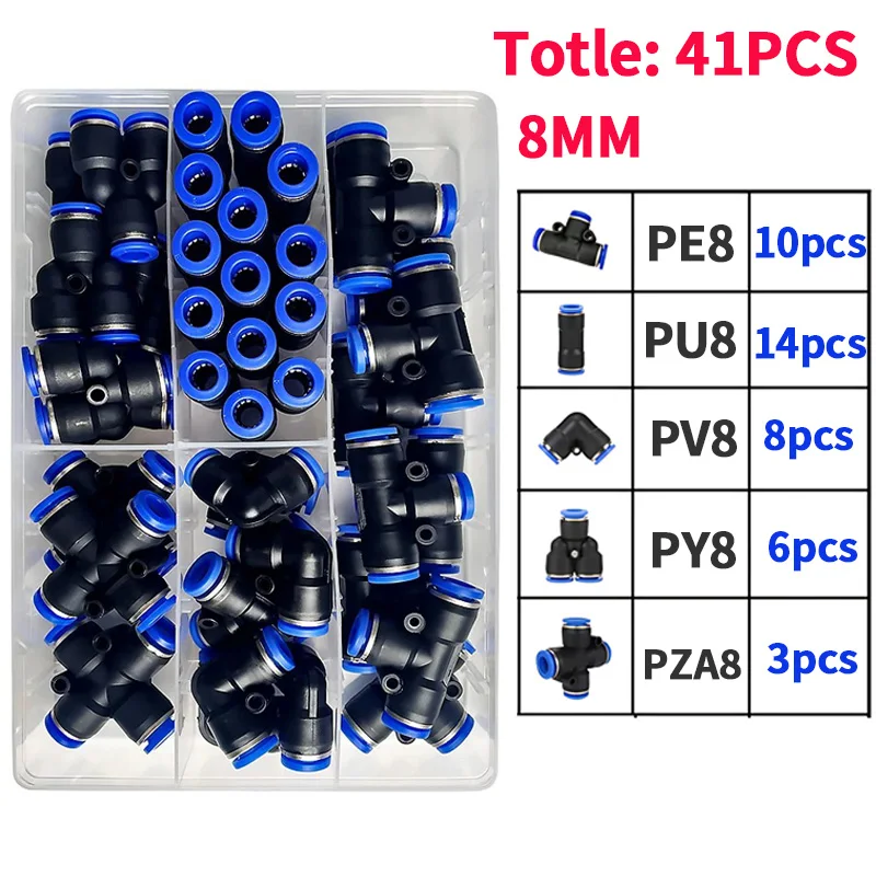W pudełku 41 szt. PU-8/PE-8/PZA-8/PY-8/PV-8/PG-8/PK-8 Zestaw złączy pneumatycznych 8 mm o średnicy zewnętrznej rur węża Złącza pneumatyczne