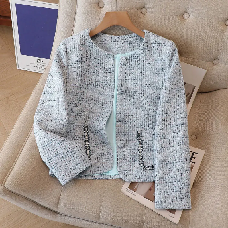 Women's coarse woolen short jacket 2026 new spring and autumn small fragrant style round neck top