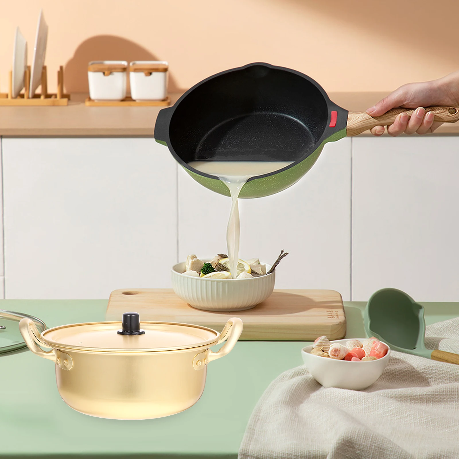 

1 Set Ramen Double Handle Aluminum Noodle Cooking Non-Stick Heat Resistant Household Soup Hot Pot Stock Cookware Seafood