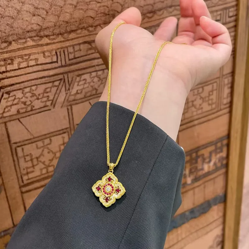 Vintage Luxury Hollow 4 Leaves Clover Flower Red Ruby Gemstones Pendant Necklaces for Women 18K Gold Filled Silver 925 Gifts view 4