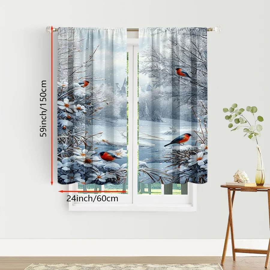 2PCS Winter Bird Curtains, Snowy Forest Red Robin Flower Scene, Realistic Nature Christmas Window Drapes for Bedroom Living Room
