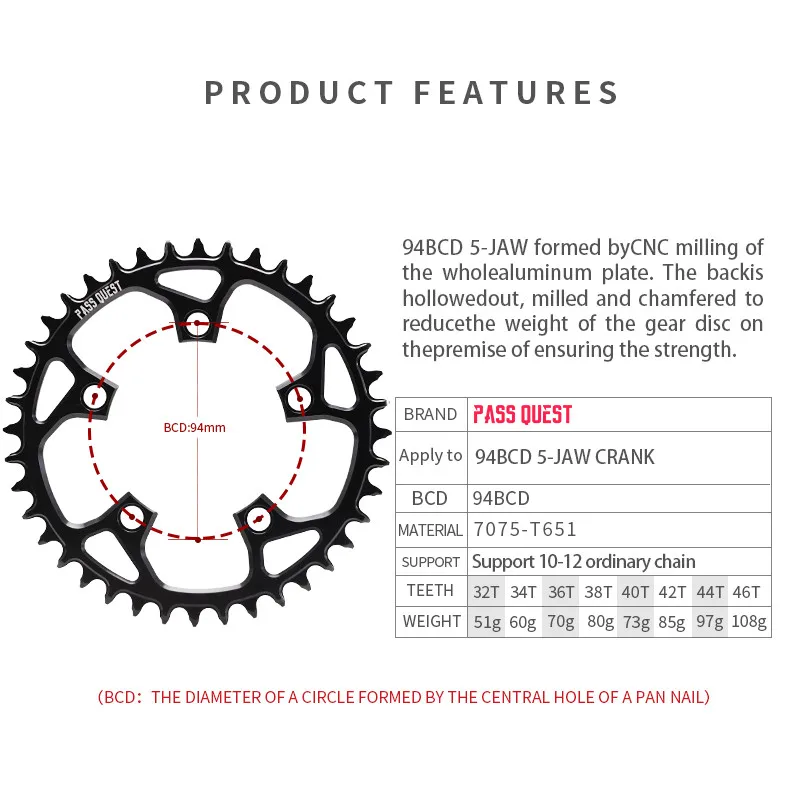 PASS QUEST 94 BCD 5 Claw Chainring ROUND Narrow Wide Chainwheel 32-46T  Bike Chain Crankset MTB for 10/11/12 Speed Cycling Parts