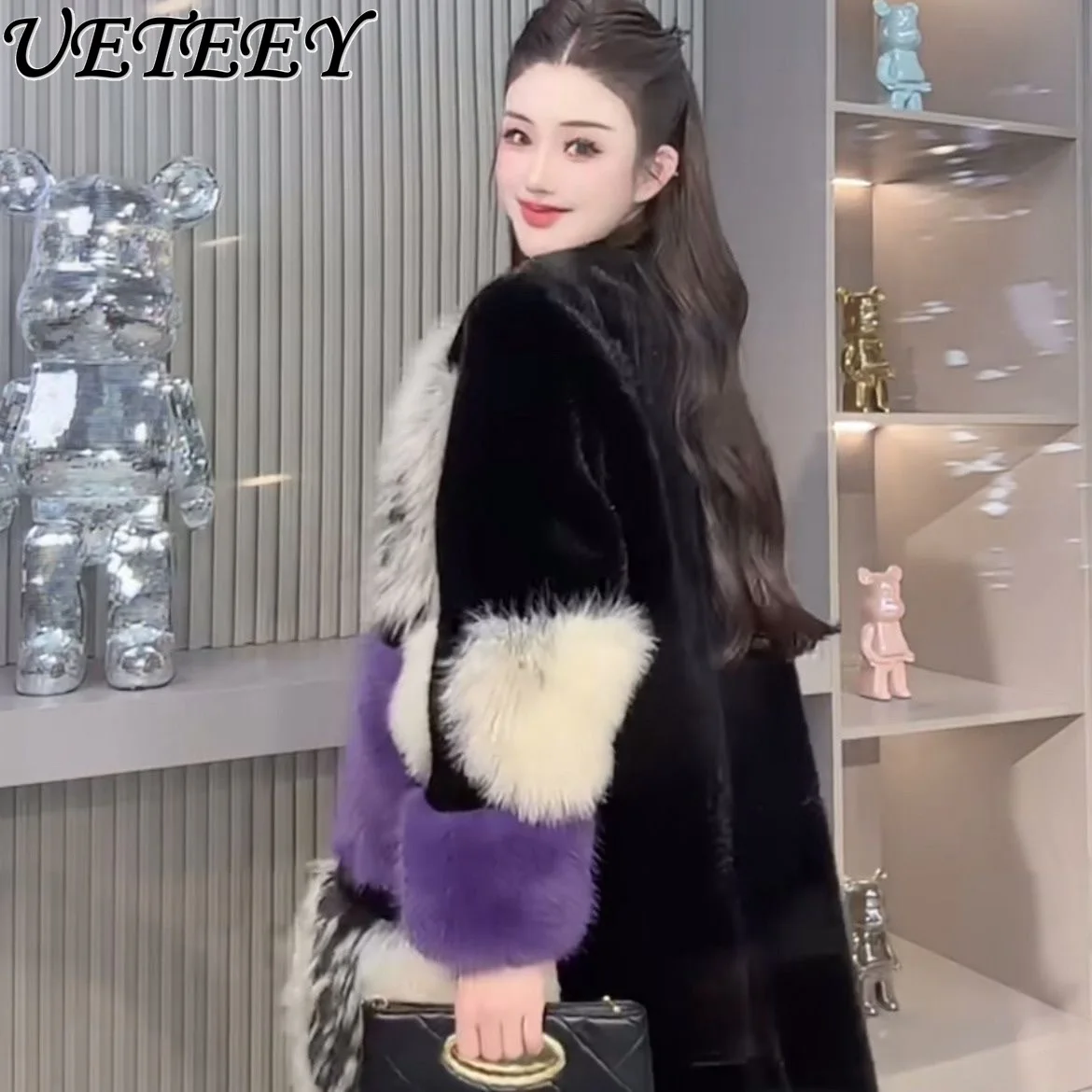 

Winter New High-End Stylish Long Faux Fur Coat Patchwork Color-Block Furry Fashion Leopard Print Versatile Warm Fur Overcoat