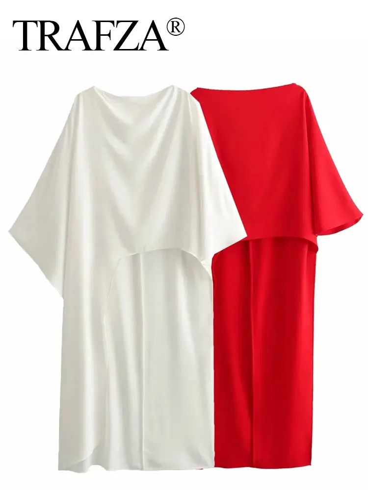 TRAFZA Women Asymmetrical Dress Solid Casual Loose Cape Style Long Dresses 2024 Woman Elegant Evening Dress vestido
