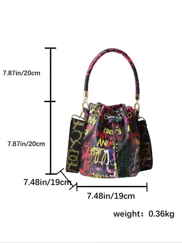 Fashionable Colorblock Graffiti Drawstring Design Handbag, Casual Letter Print Crossbody Bag with Wide Strap for Women