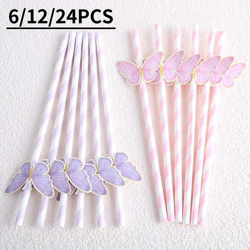 6-24pcs Birthday Straw Butterfly Disposable Wedding Birthday Party Kids Baby Shower Girls Birthday Party Suppiles Decorations