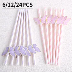 6-24pcs Birthday Straw Butterfly Disposable Wedding Birthday Party Kids Baby Shower Girls Birthday Party Suppiles Decorations