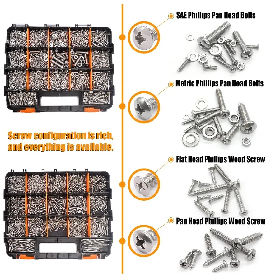 2002 peças kit de sortimento de porcas e parafusos 304 kit de sortimento de parafusos de aço inoxidável métrico sae phillips pan cabeça e ferragens de cabeça plana