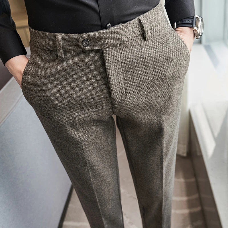 Autumn Winter Woolen Cloth Thickened Suit Pants High Quality Men Business Slim Trousers Formal Wear Office Social Dress Pants