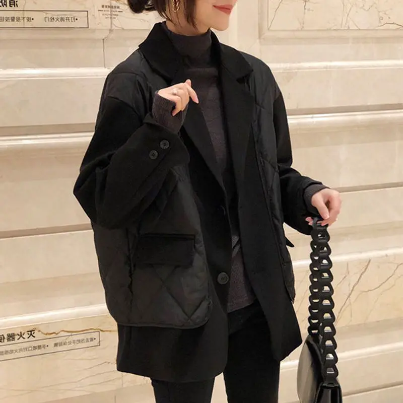 Black fake two-piece suit collar down jacket women's Korean  patchwork jacket 2023 autumn/winter new trend