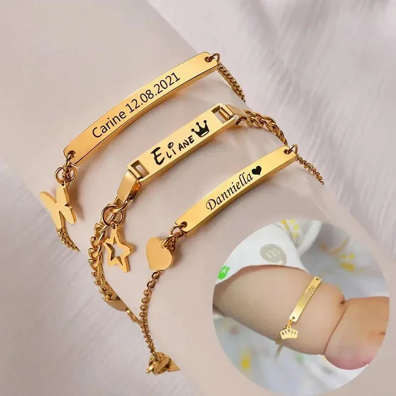 Personalized Stainless Steel Baby Custom Name Bracelet for Boy Girl Kids Laser Engrave Newborn Bangle Birthday Gift