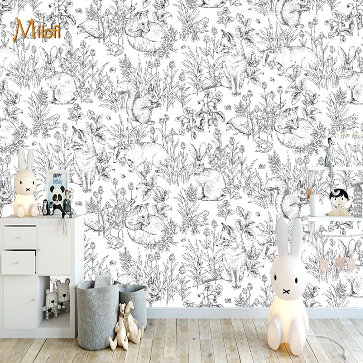 Custom 3D Mural Wallpaper Black White Sketch Forest Animal Fox Rabbit  Peel And Stick Wall Mural For  Nursery Home Decor