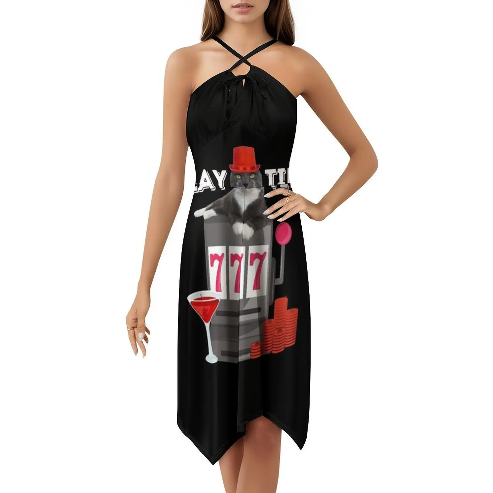مضحك القمار القط فتحة الوقت الأزهار سموك فستان للنساء الربيع الصيف فستان كاجوال للحزب مضحك القط فتحة آلة كازينو #1