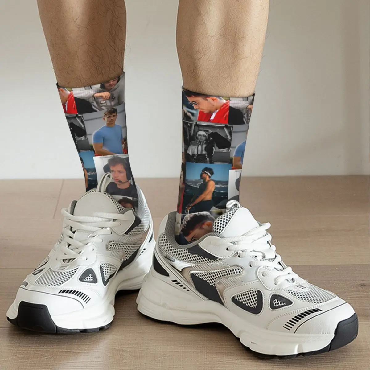 Chaussettes drôles en elin pour hommes, Charles Leclerc, collage d'images, hip hop, vintage, course F1, motif de qualité heureuse, chaussettes d'équipage imprimées pour garçons