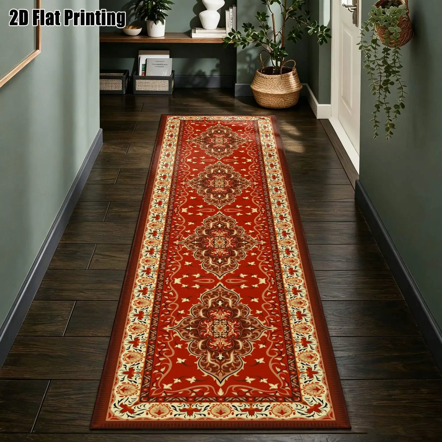 1Pc 2D Printed Long Strip Runner Rug Retro Floral Rug, European-Style, Geometric Floral, Bohemian Style, Home Decor Rug, Multi-Size, Machine Washable, for Entryway, Hallway, Living Room, Bedroom.