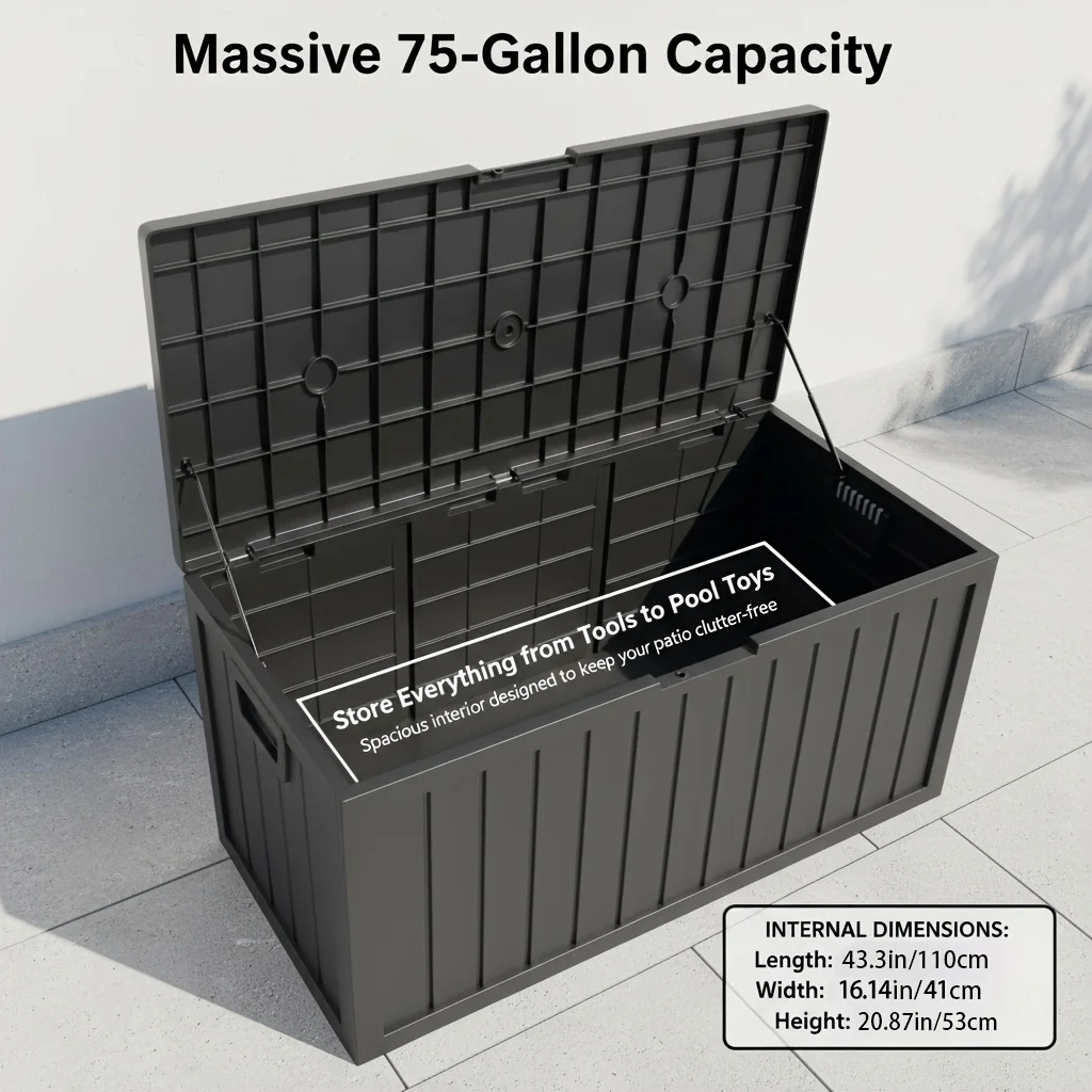 75 Gallon Outdoor Storage Box with Handles, Deck Box with Handles for Pool Additions, Garden Tools, Camping Gear, Holiday Gift, Easy to Assemble, Box, Cabinet, Rack for Outdoor Storage, with Gloves And Hammer, Box, Cabinet, Rack for Outdoor Storage