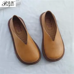 Leather soft leather women shoes round head set foot shallow mouth single shoes women's cowhide flat soft soled vulcanized shoes